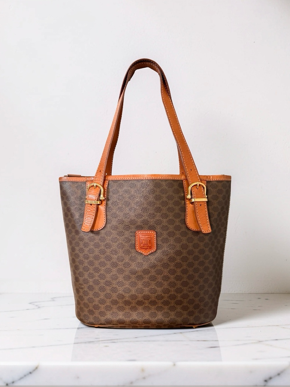 Vintage CELINE Macadam Triomphe Canvas Bucket Tote Bag Brown M95